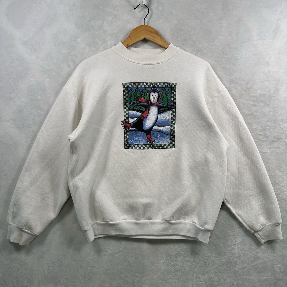 Vintage Tultex Penguin Sweatshirt Large White Christmas Holiday Ice Skating L